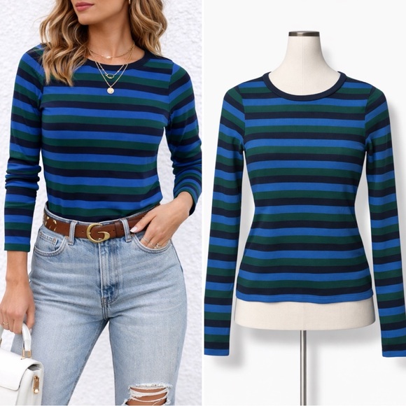 J. Crew Tops - J.Crew | NWOT Navy Green Perfect Fit Long Sleeve Striped Long Sleeves (Sz S)